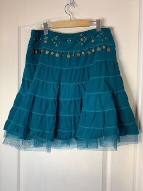 Le Grenier Teal Corduroy Boho Tiered Skirt Coin Embellished Size 11